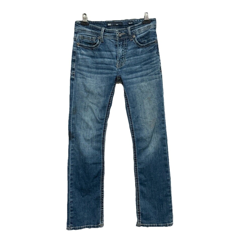 BKE Jeans Mens 28x29 Aiden Bootcut Stretch Blue Denim Thick Stitch Buckle Cowboy